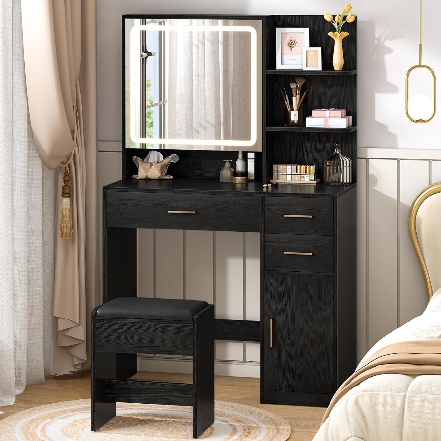 Vanity Desk with Mirror and Lights, Makeup Vanity Desk with Drawers & Cabinet, Vanities with Upholstered Chair, Black Makeup Table with Storage Shelves, Girls Dressing Table for Bedroom