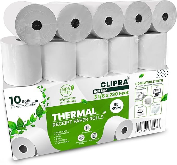 3 1/8 x 230 Thermal Paper Receipt Rolls (10 PACK) [USA Based Brand] 55 GSM – Compatible with All POS Systems, Cash Registers – BPA Free, Premium Quality Receipt Paper Rolls