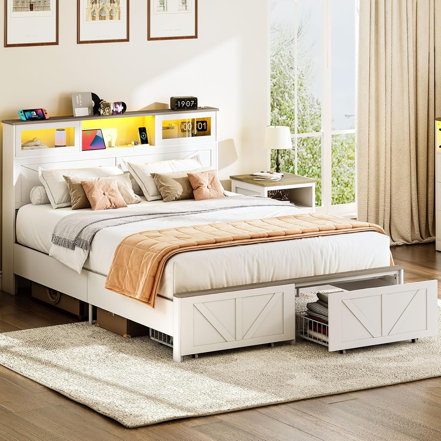 Yoobure Queen Bed Frame with Headboard, Bed Frame Queen Size with Charging Station, LED Beds with 2 Storage Drawers, Wood Farmhouse Bedframe Queen-Size, Noise-Free and No Box Spring Needed