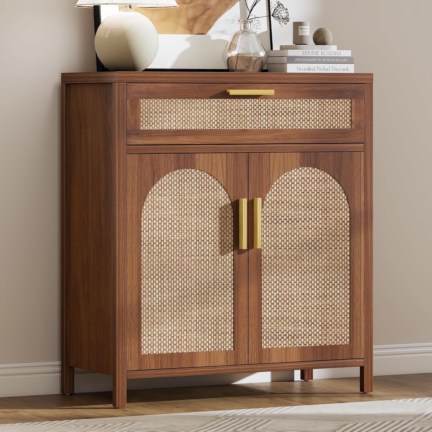 Rattan Sideboard Buffet Cabinet with Storage, Accent Cabinet with Doors and Shelves, Boho Credenza Farmhouse Coffee Bar with Drawers, Kitchen Storage Cabinets for Entryway Living Room,Walnut