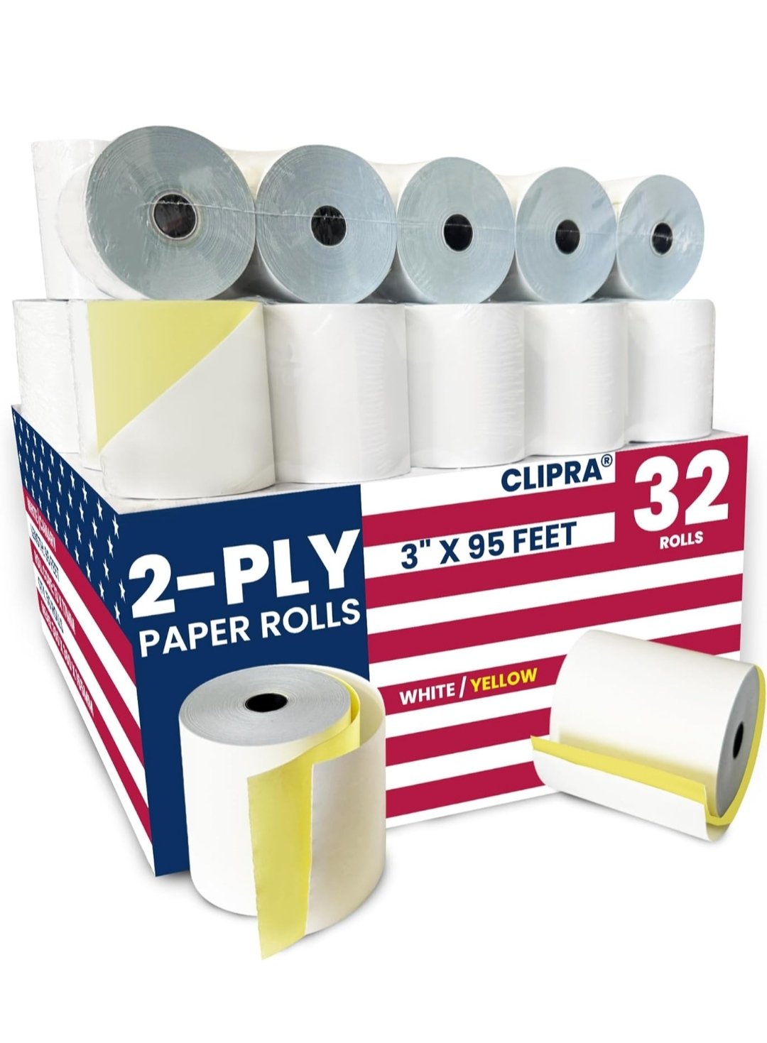 (32 Rolls) 2 Ply White/Yellow Carbonless Rolls 3″ x 95 Feet Kitchen Printer Paper Receipt Rolls– Compatible with Star Micronics SP700 SP2000 UP389 Omni 480 220 250- Ribbons Required- Not Thermal Paper