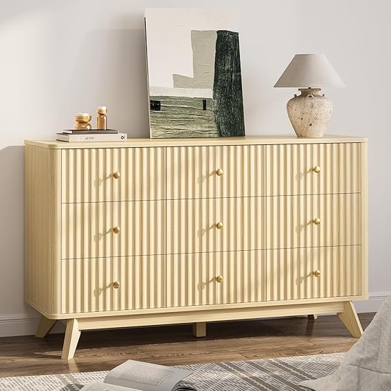 Fluted 9 Drawer Dresser for Bedroom – 52.8″ Modern Chests of Drawer for Storage, Curved Corner Design, Large Dressers for Closet, Wood Dresser Organizer for Bedroom, Living Room, Hallway