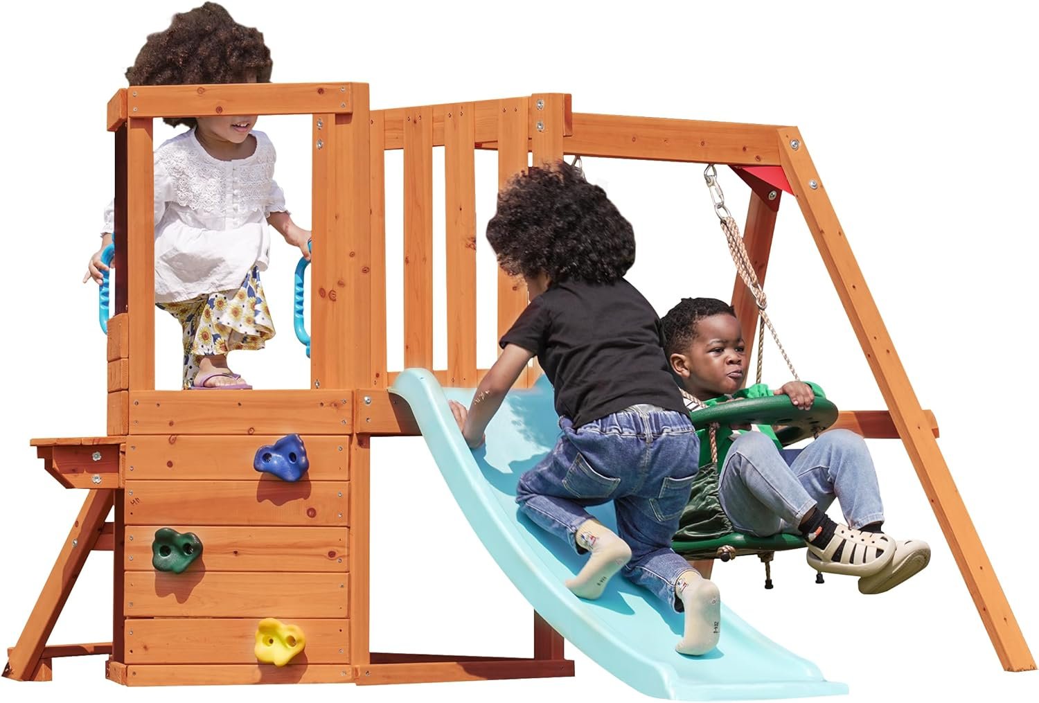 Dolphin Playground 5-in-1 Toddler Swing Sets for Backyard, Toddler Outdoor Playset with Baby Swing, Table, Blackboard, Kid Slide, Rock Climbing Wall, Playground Sets for Backyards Ages 18 mo to 4 yrs