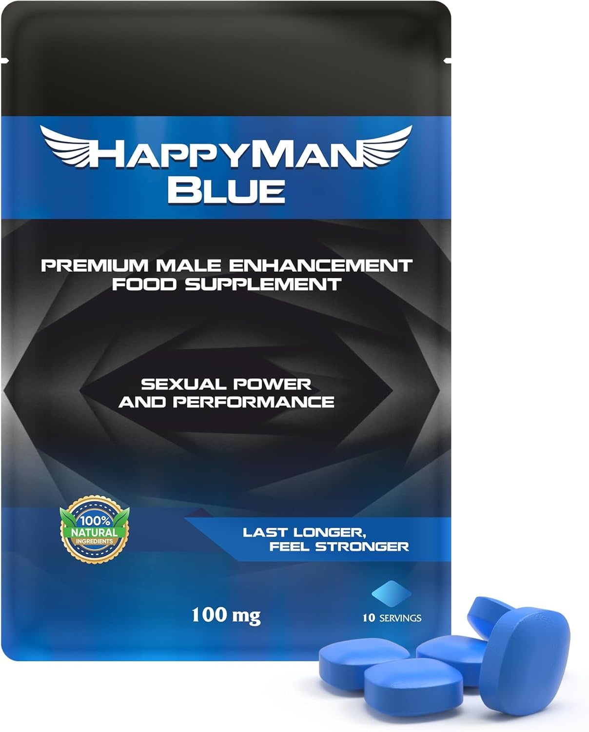 HappyMan Blue 10 Tablets | Natural Herbal Supplement for Men | Prolonged Performance and Enhancement Tablets | Fast Acting and Extra Strong | Stamina and Energy Support | Ginseng